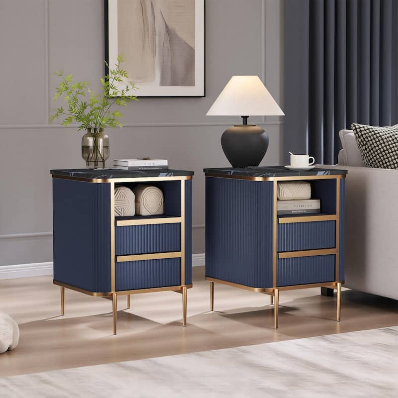 Modern Fluted Nightstand Set of 2 with Charging Station, End table