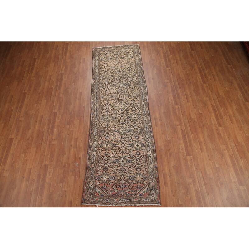 Hand Knotted Oriental 100% Wool Carpet Traditional Geometric Peach Hamedan Runner Rug - 11' 3'' X 3' 6''