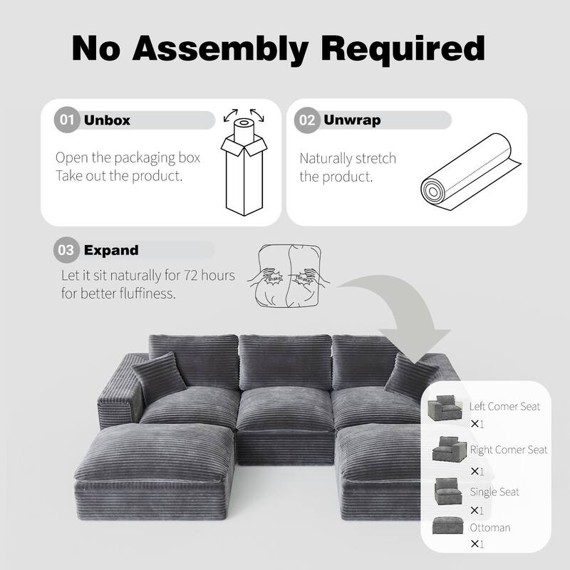 L-Shaped Cloud Sectional Sofa with Chaise Lounge, Corduroy Upholstered 3 Seater Sofa, Modular Corner Sofa with Deep Seat