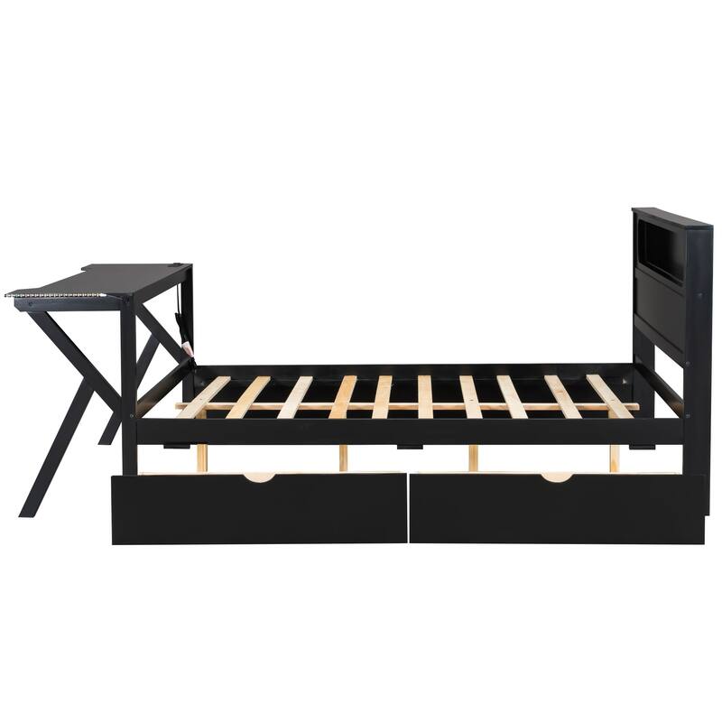 Wooden Gaming Platform Bed with LED Headboard, LED Desk, USB and 2 Storage Drawers, Black Bed Frame