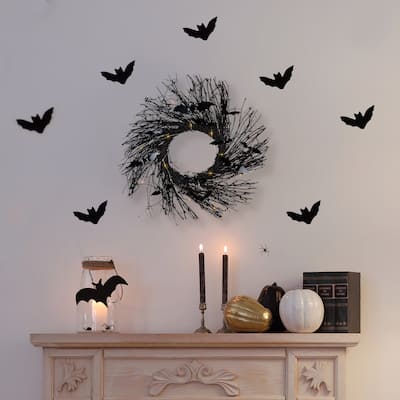Lighted Halloween Twig Wreath with Bats - Warm White LED Lights - 22" - Black