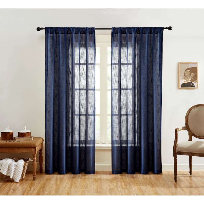 HLC.me Linda Faux Linen Textured Semi Sheer Privacy Sun Light Filtering Window Rod Pocket Curtains Panels, 2 Panel - 54 W x 84 L per panel - Set of 2 - Navy Blue
