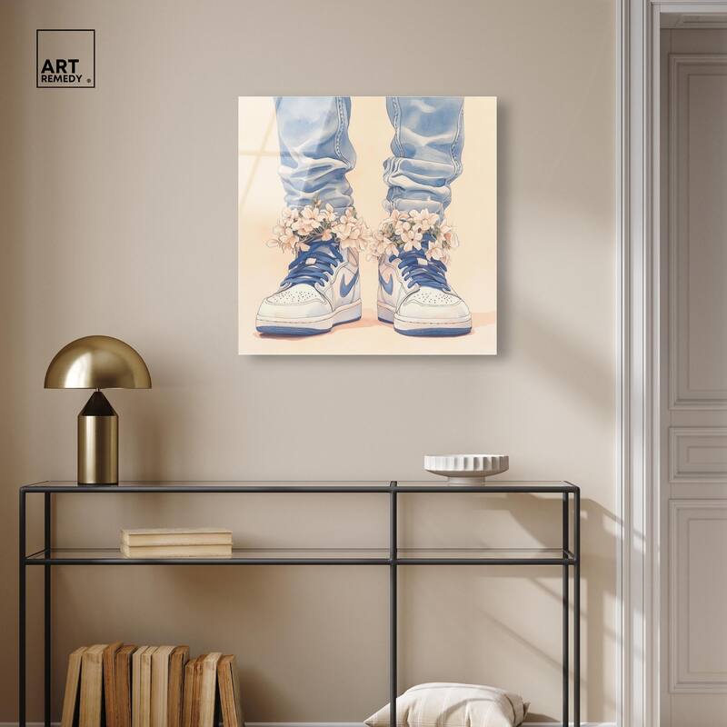 Gentle Blue Sneakers and Flowers Acrylic by Art Remedy, Ready to Hang