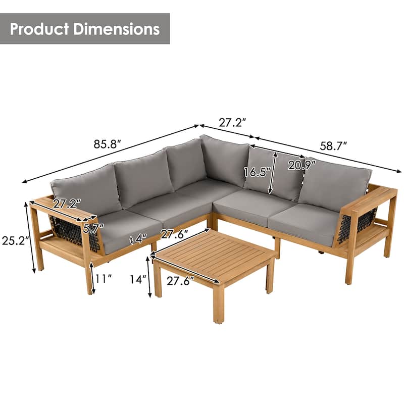 4 Pieces Outdoor Patio Conversation Sofa Set, Acacia Wood L Shaped Sectional Sofa with Coffee Table and Woven Mesh Armrests