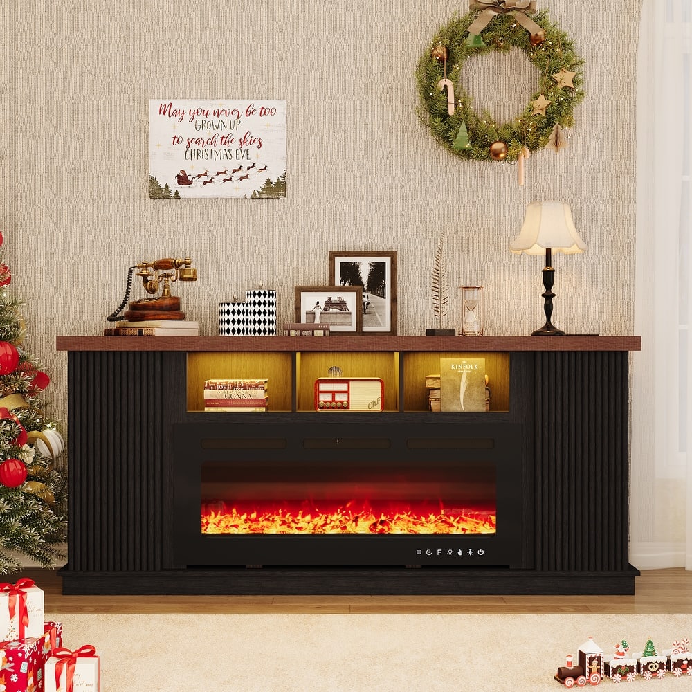 Erommy 70" TV Stand with Electric Fireplace Heater, Media Entertainment Center Console for TVs up to 80" with Storage Cabinet