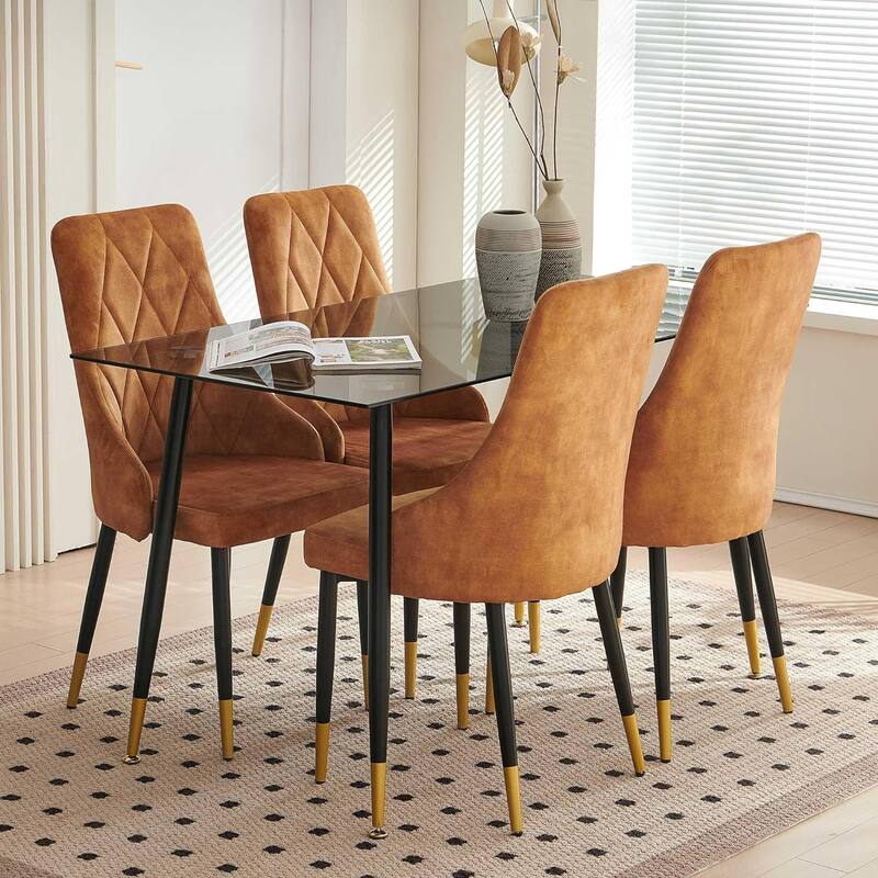 Howtai Grey Glass Table Set with 4 Velvet Chairs for Home Kitchen Dining Room