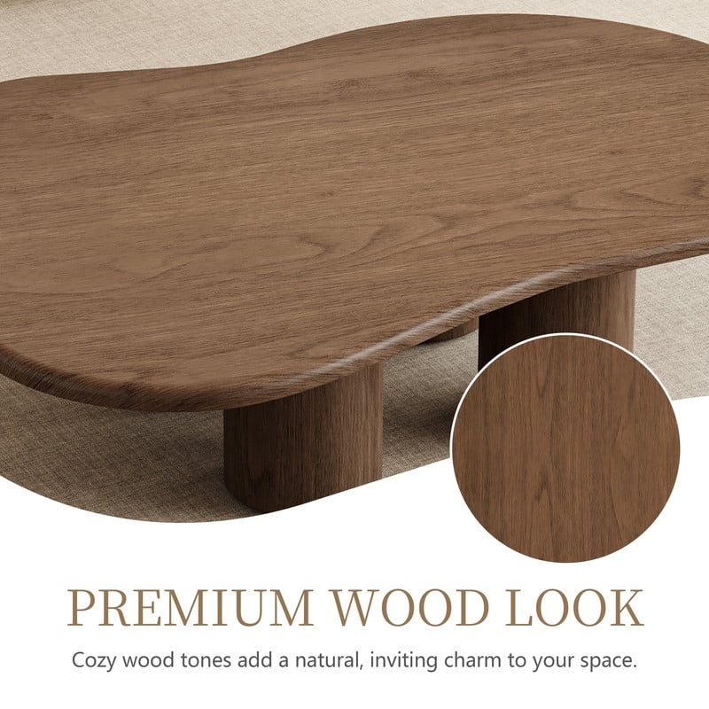 47.24" Mid Century Coffee Table, Solid Wood Texture with Could Shaped, Brown