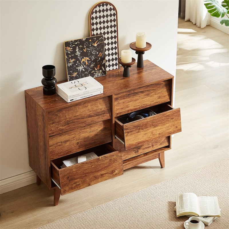 6 Drawer Double Dresser Features Vintage-Style and Bevel Design