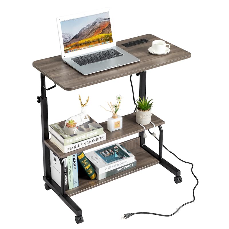 Adjustable Height Computer Desk with USB Ports and AC Outlets for Home Office and Study Workspace - Grey
