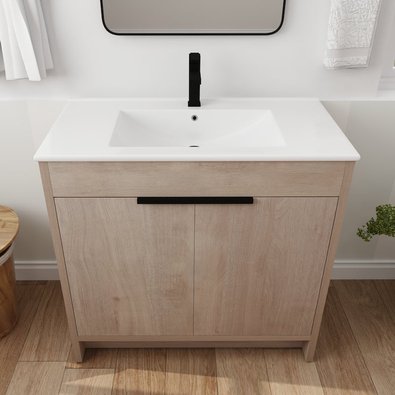 36 Inch Freestanding Bathroom Vanity with White Ceramic Sink,2 Soft-Close Cabinet Doors