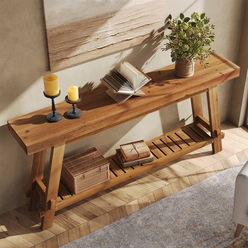 Solid Wood Console Table, 63'' Long Sofa Entryway Table with Shelf
