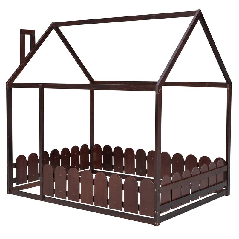 Full Size Wood House Bed Frame with Fence, Perfect for Kids' Play and Sleep Space