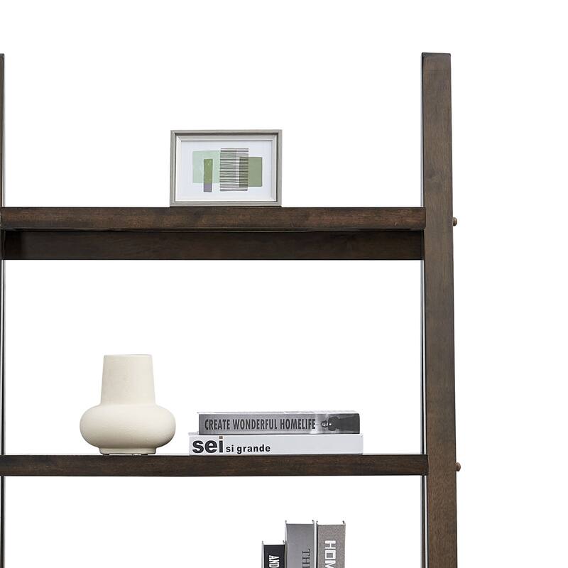 Anmytek Rustic Brown 5-Tier Ladder Shelf Rubber Wood Frame Storage Bookcase for Home Office Living Room Kitchen Bedroom
