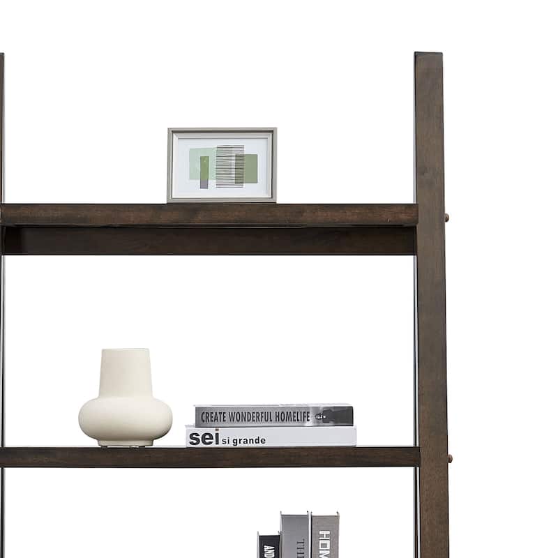 GDF Studio - Modern 5-Tier Ladder Bookshelf with Solid Rubber Wood Frame and MDF Shelves