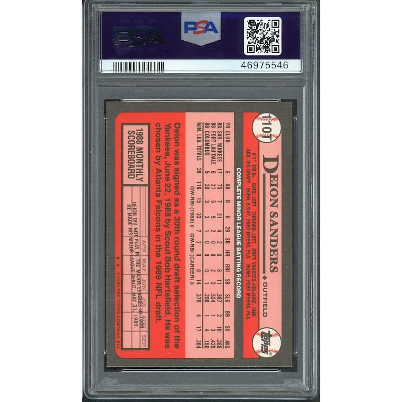 Deion Sanders 1989 Topps Traded Baseball Rookie Card RC #110T Graded PSA 10 GEM MINT - 8'6" x 11'6"