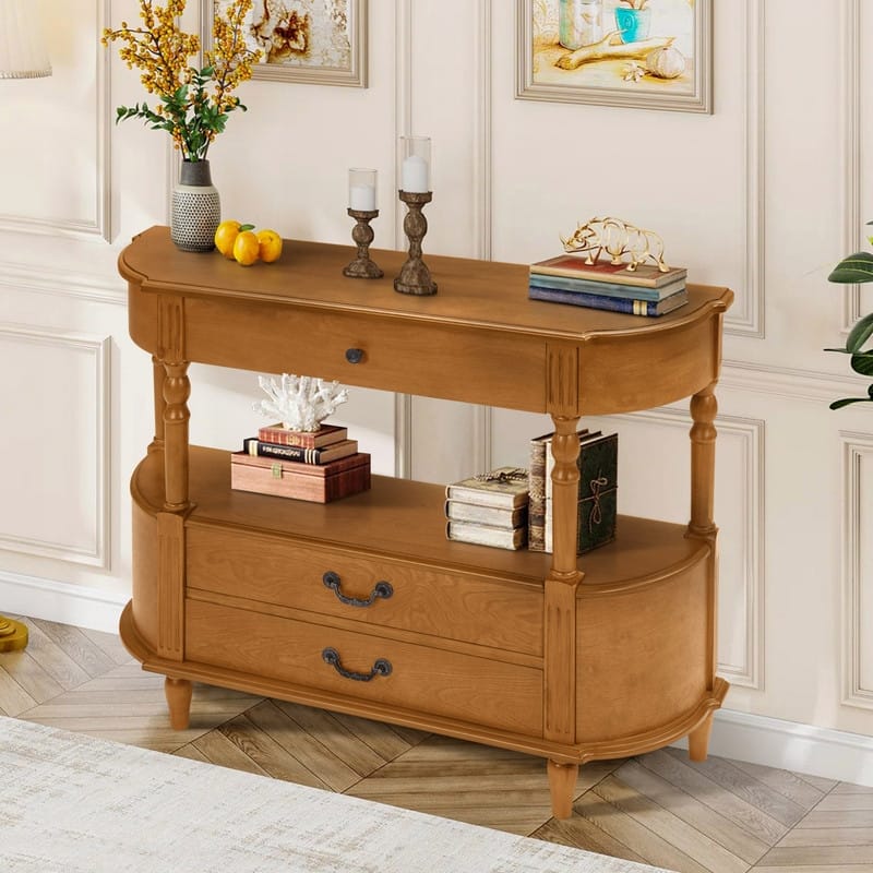 Retro 43" Curved Wood Console Table with 3 Drawers and Open Shelf, Sofa Table Behind Couch for Living Room and Hallway Storage
