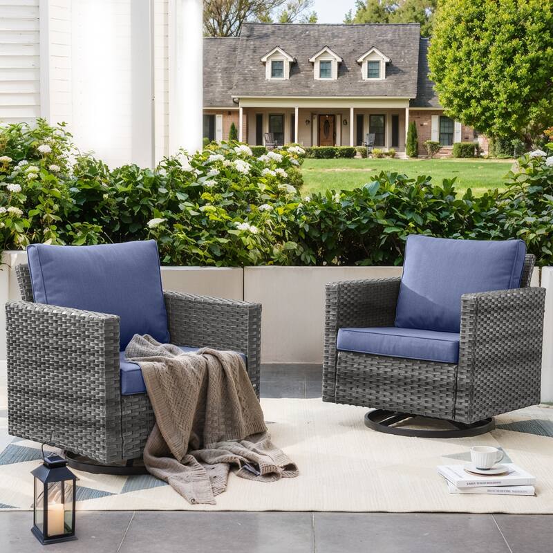 2 Pieces Outdoor Swivel Chairs with Thick Cushions - Grey - Blue