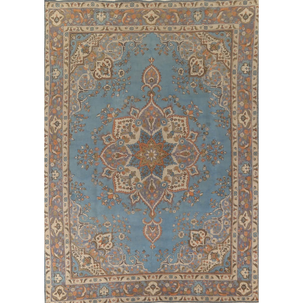 Blue Over Dyed Tabriz Persian Vintage Rug Hand-Knotted Wool Carpet - 9'8"x 12'7"
