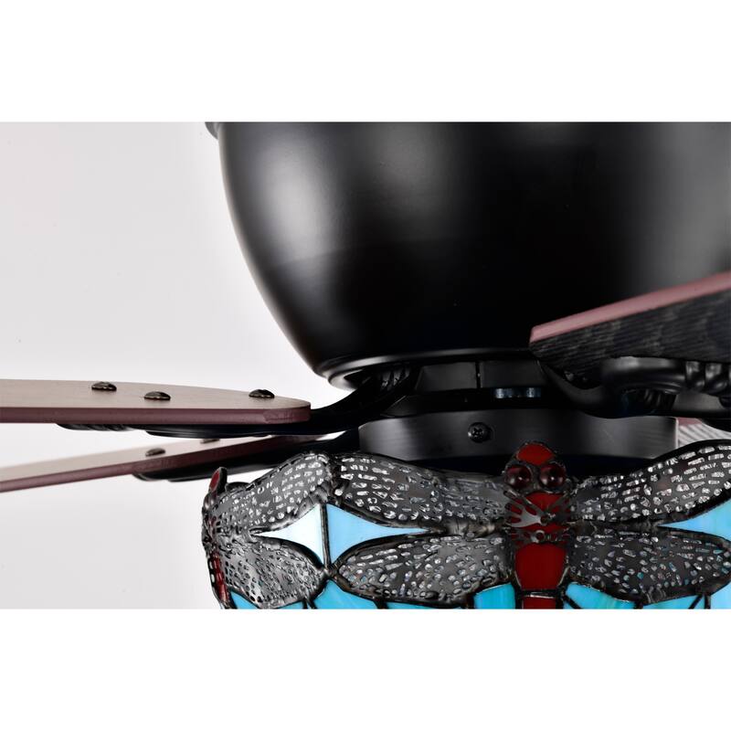 Pluvey 52-Inch Flushmount Lighted Ceiling Fan Blue Red Draginfly Tiffany Glass Lamp Black Finish