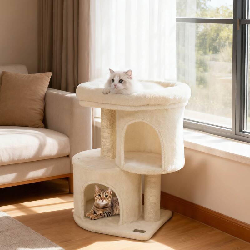 Costway 26” Small Cat Tree with Large Padded Plush Perch, 2 Condos, - See Details