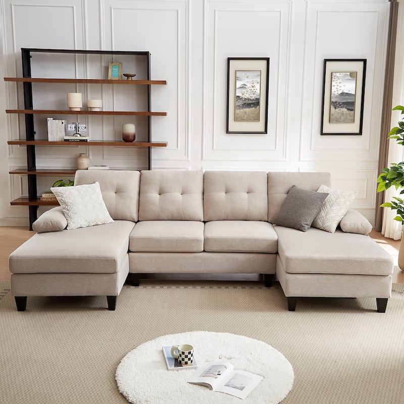 4 Seat U Shaped Sectional Sofa Couch with Double Chaise for Living Room - Beige
