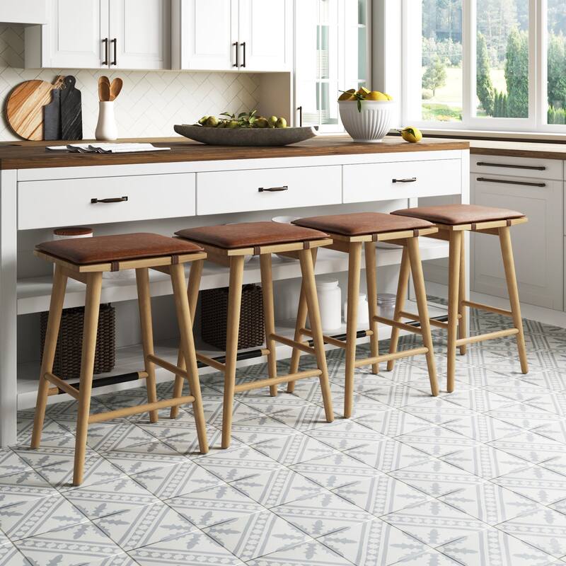 Barker Boucle Upholstered Barstool, Backless Counter Height Stool with Cushion - Set of 4 - Chestnut/Warm Pine
