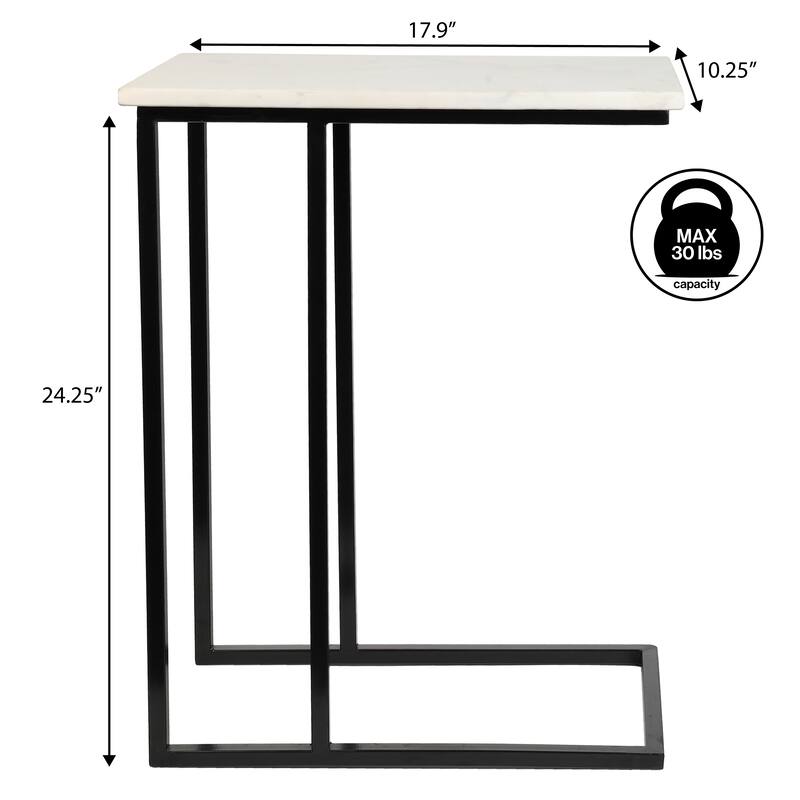 Caius 24.25" Industrial Metal C-Shaped End & Side Table w/ White Marble Top, By JONATHAN Y