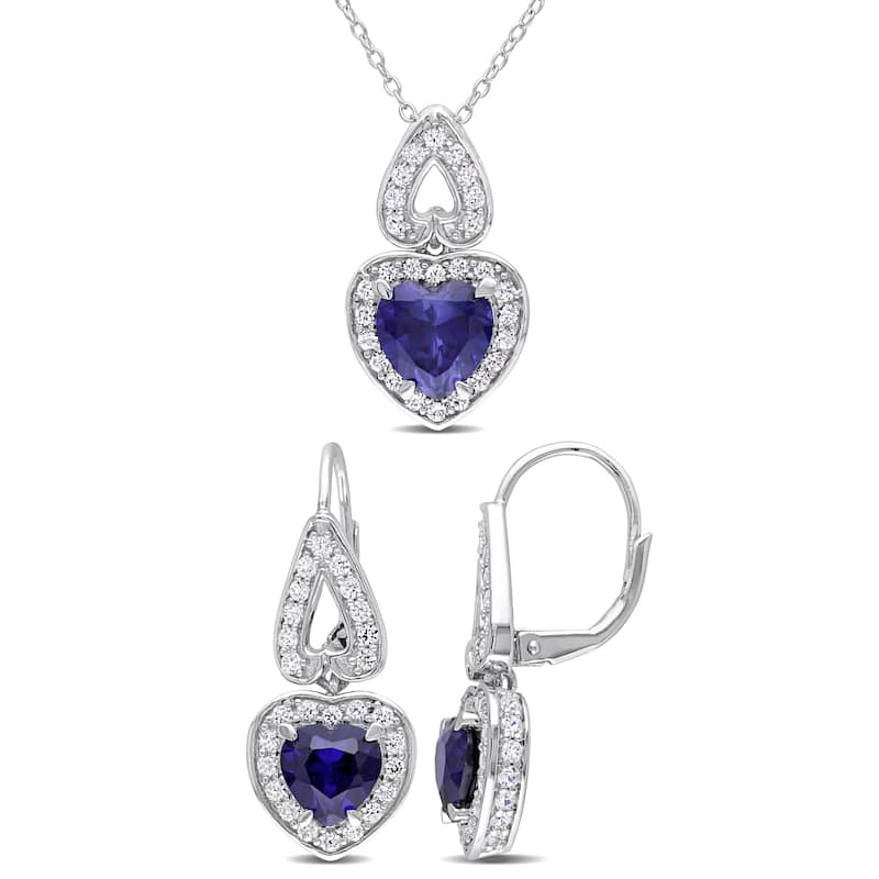 Miadora 8-5/8ct TGW Created Blue White Sapphire Heart Necklace and Earrings Set Sterling Silver