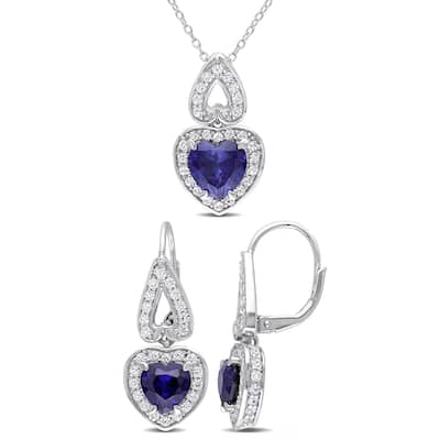 Miadora 8-5/8ct TGW Created Blue White Sapphire Heart Necklace and Earrings Set Sterling Silver