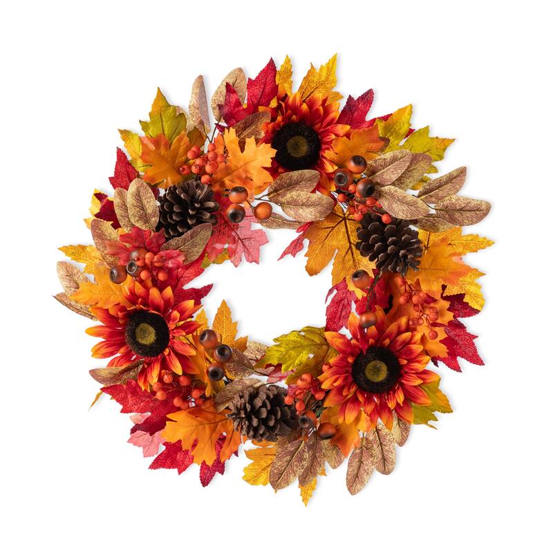 Glitzhome 24"D Fall Sunflower Pinecone Berry Artificial Wreath or Porch Tree