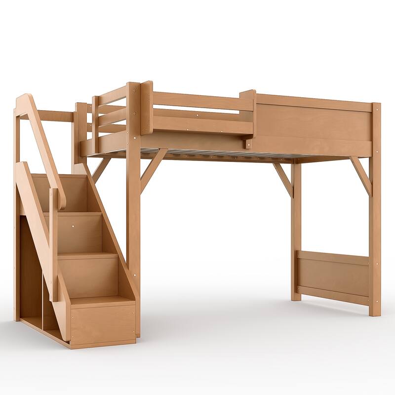 Full/Twin Loft Bed with Built-in Wardrobe, Storage & Stairs - Solid Wood, Full-Length Guardrails, No Box Spring