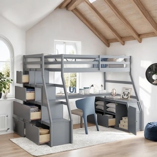 Impression & Beautiful Full Playhouse Loft Bed with 7 Drawers 2 Shelves and Desk, Sturdy Construction & Unique Design