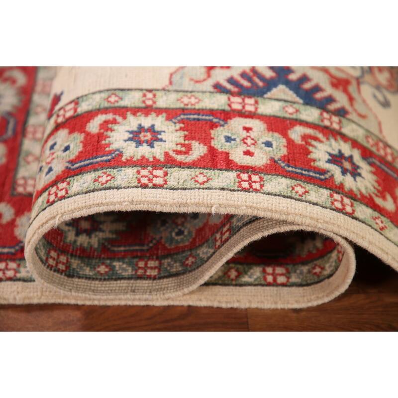 Ivory / Beige Kazak Oriental Accent Rug Hand-Knotted Wool Carpet - 3'2"x 4'8"