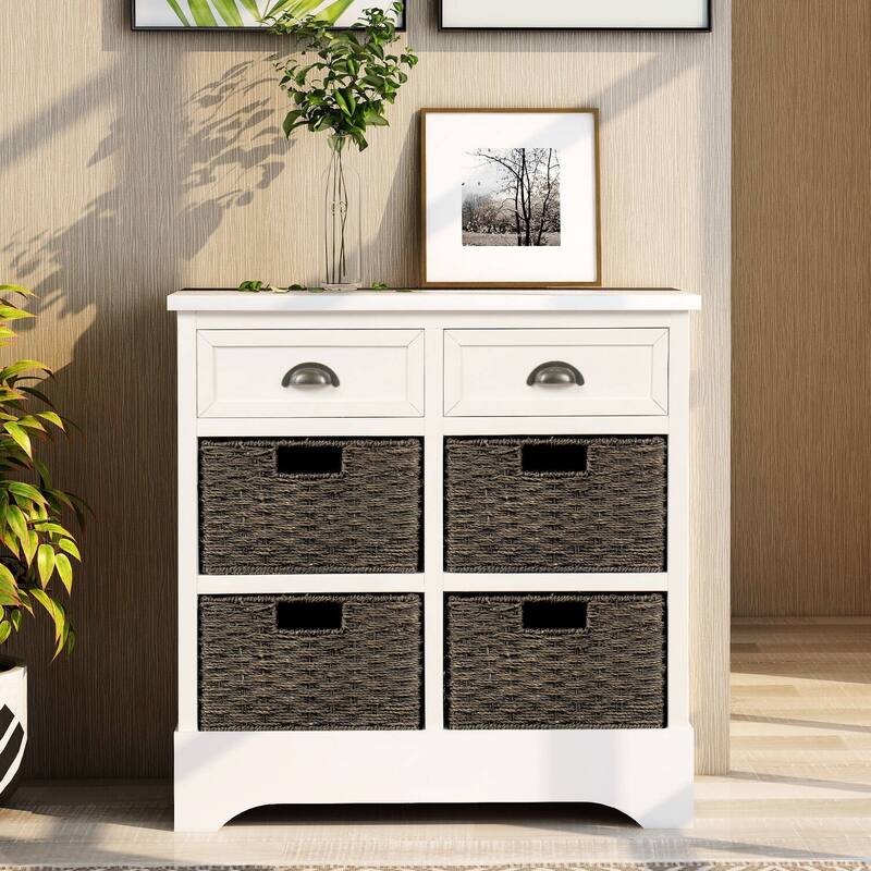 Rustic Storage Cabinet with Two Drawers and Four Classic Rattan Basket