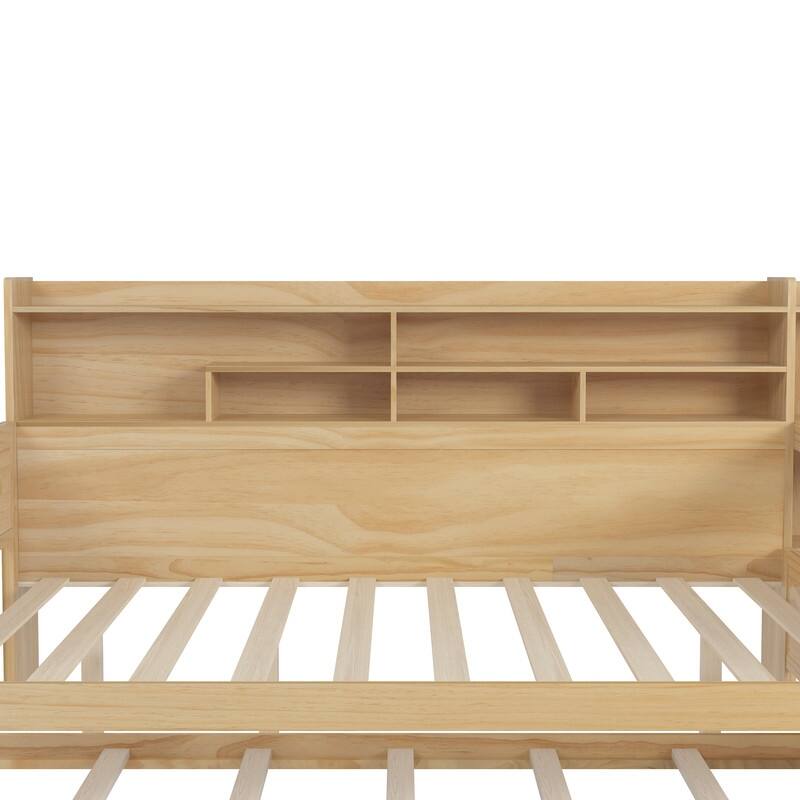 Wooden Daybed with Storage Shelves, Multi-functional Bed with Twin Size Trundle Bed and Study Desk