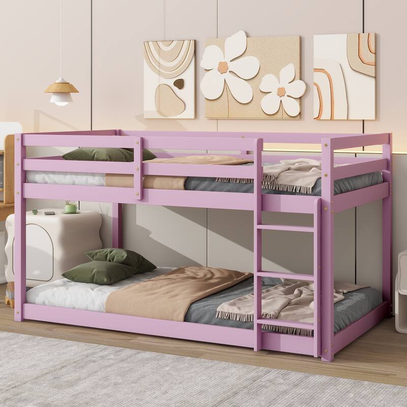 Solid Rubber Wood Twin over Twin Floor Bunk Bed - with Ladder, Strengthened Slats for Upper & Bottom Platforms