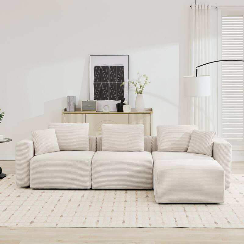 Corduroy Sectional Modular Sofa with Square Arms & Ottoman Extension for Flexible Arrangements