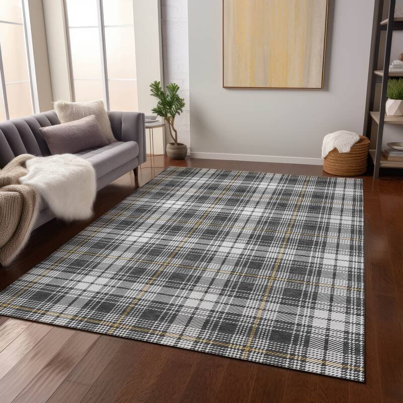 Machine Washable Indoor/ Outdoor Plaid Chantille Rug - Charcoal - 9' x 12'
