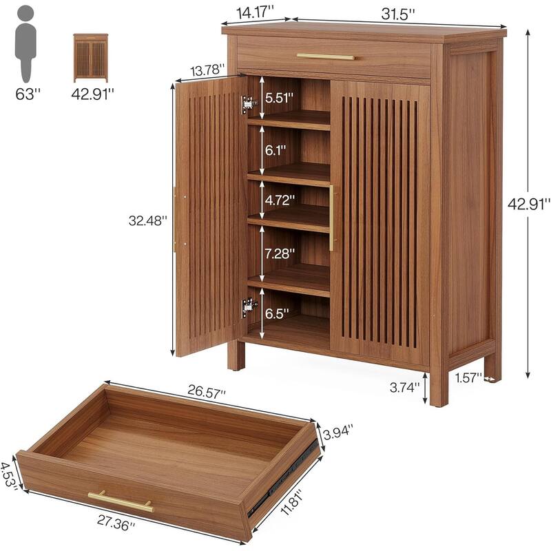 Modern Shoe Storage Cabinet with 5 Removable Shelves and Large Drawer for Entryway Use - 31.5”L x 14.17”W x 42.91”H