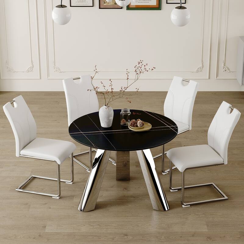 Roomfitters Round Dining Table with 4/6 White Chairs, Stainless Steel Legs, Sintered Stone Black Table Top - White+Black (4 Chairs)