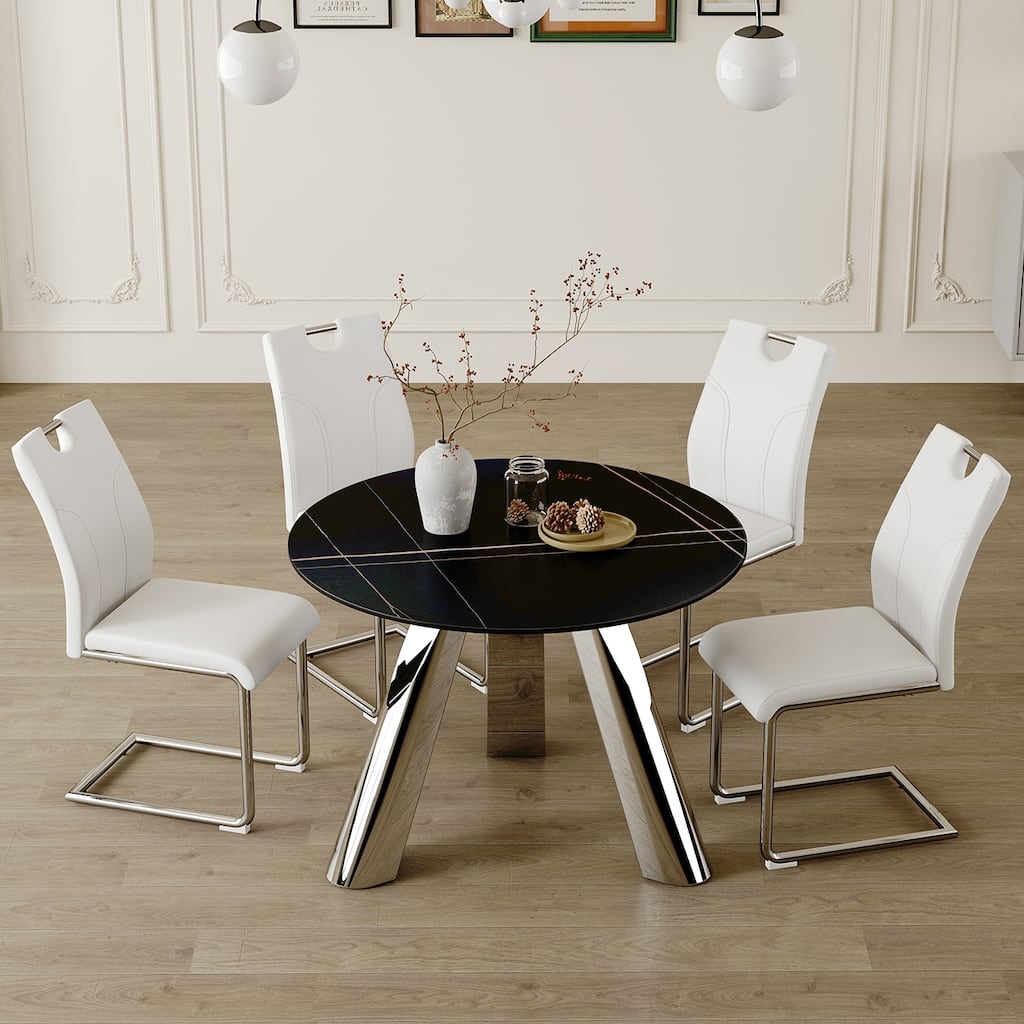 Roomfitters Round Dining Table with 4/6 White Chairs, Stainless Steel Legs, Sintered Stone Black Table Top