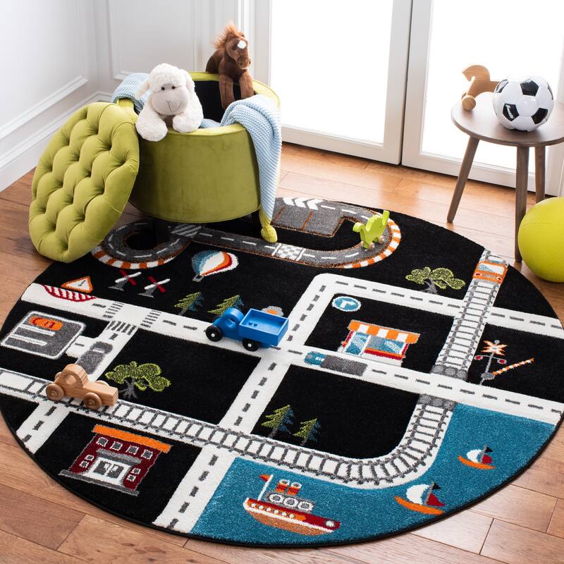 SAFAVIEH Carousel Kids Koika Neighborhood Road Rug - 5'3" x 5'3" Round - Black/Ivory