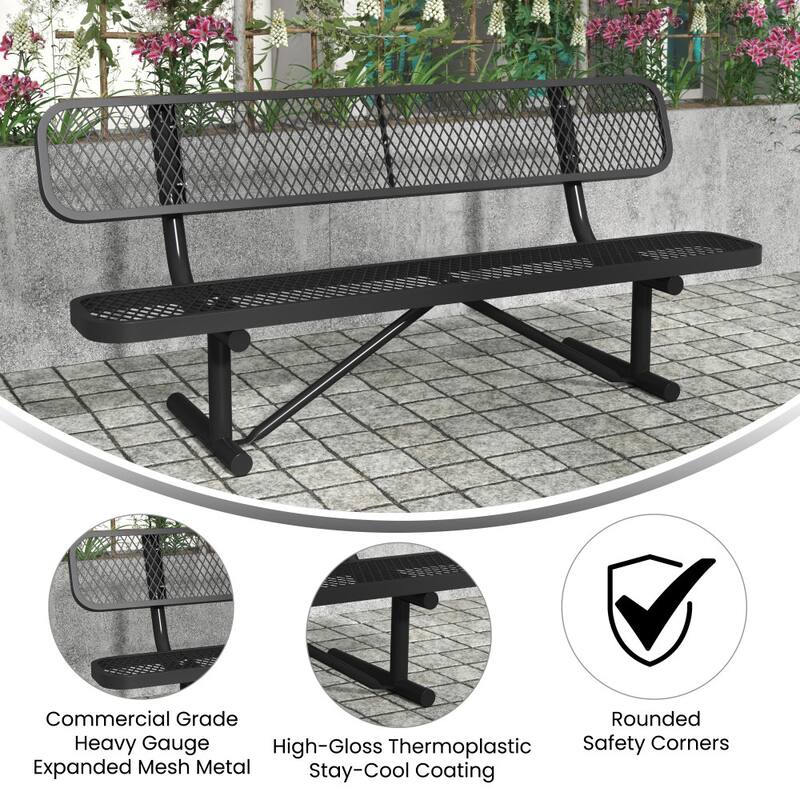 Commercial Grade Expanded Mesh Metal Outdoor Bench with Backrest