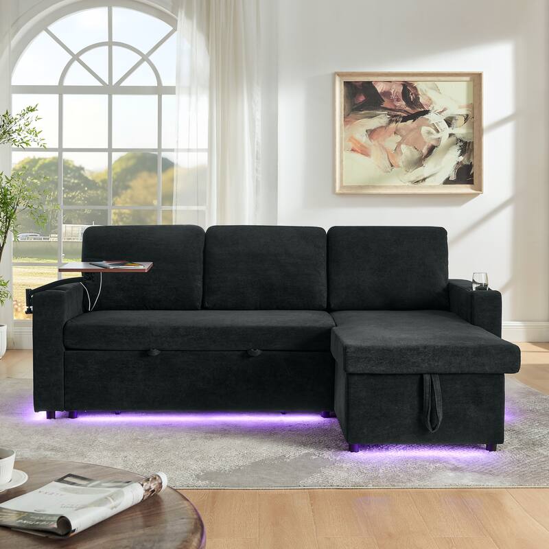 Pull Out Sleeper Sofa Bed Chenille L-shaped Sectional Couch with Storage Chaise, Retractable Table, LED, USB and Cup Holders