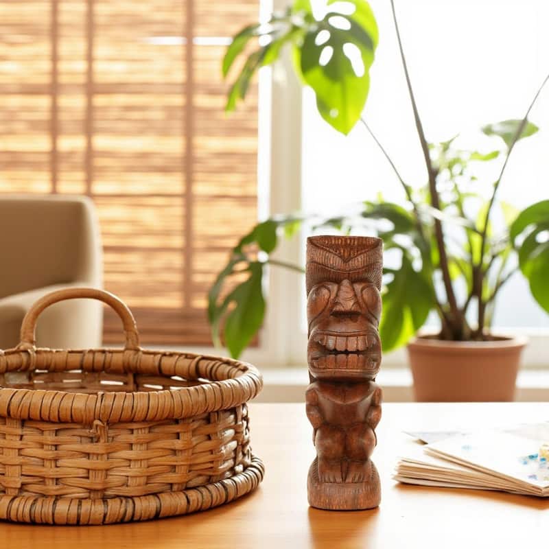 12" Wooden Handmade Primitive Long Hair Tribal Statue Sculpture Tiki Bar Totem Handcrafted Gift Home Decor Figurine Hand Carved