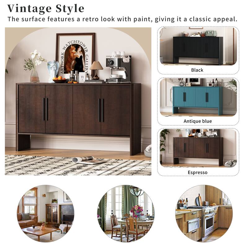 4-Door Retro Sideboard with Adjustable Shelves, Large Storage Cabinet, Antique Blue