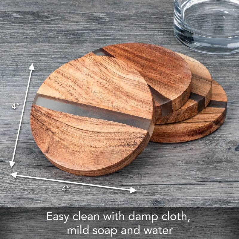 4 Pack Round Acacia Wood Absorbent Coasters with Decorative Resin Inlay Strong Durable Absorbent