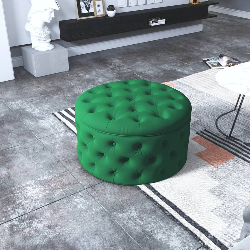 Adeco Round Storage Ottoman Button Tufted Footrest Stool Bench
