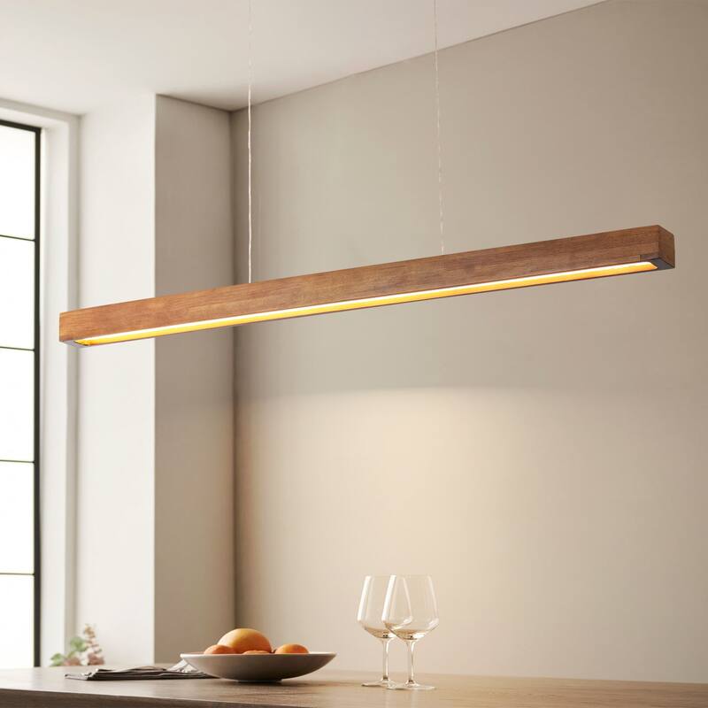 25-Watt Modern Brown Long Linear Walnut Wood Integrated LED Island Chandelier for Kitchen, Dining Room - Black/Brown - 39.37 in. W x 1.97 in. H x 1.77 in. D