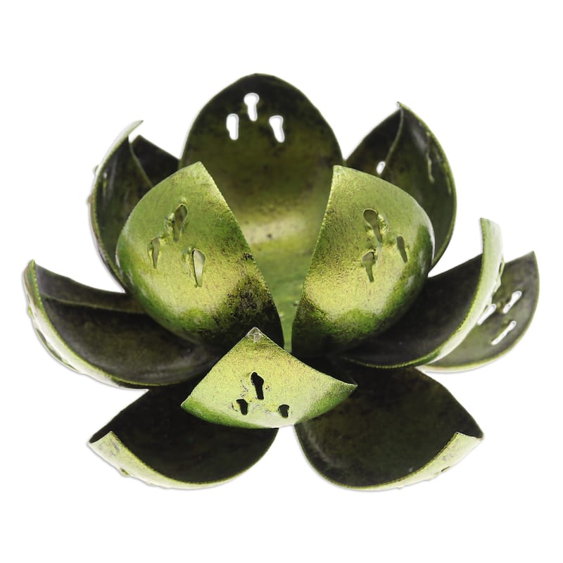 Novica Handmade Precious Lotus In Light Green Steel Tealight Holder